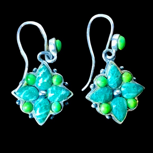 VINTAGE BARSE Green Turquoise Malachite Sterling Silver Floral Drop Earrings - Picture 3 of 9